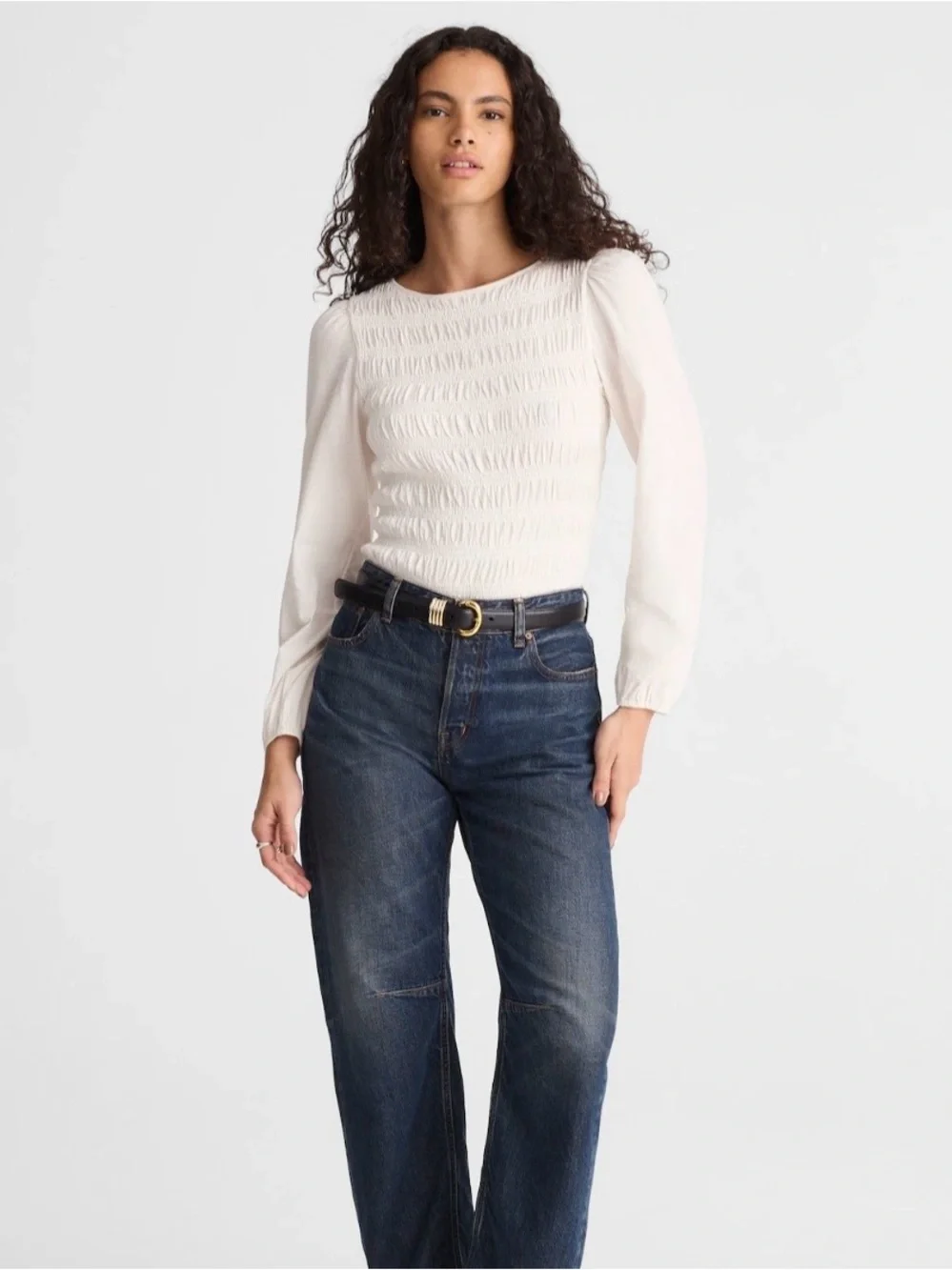 Madewell Ivory Smocked Boatneck Long-Sleeve Top